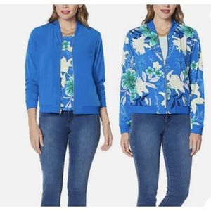 NWT IMAN Chic Reversible Stretch Knit Bomber Tropical Jacket Blue Med Lightweigh